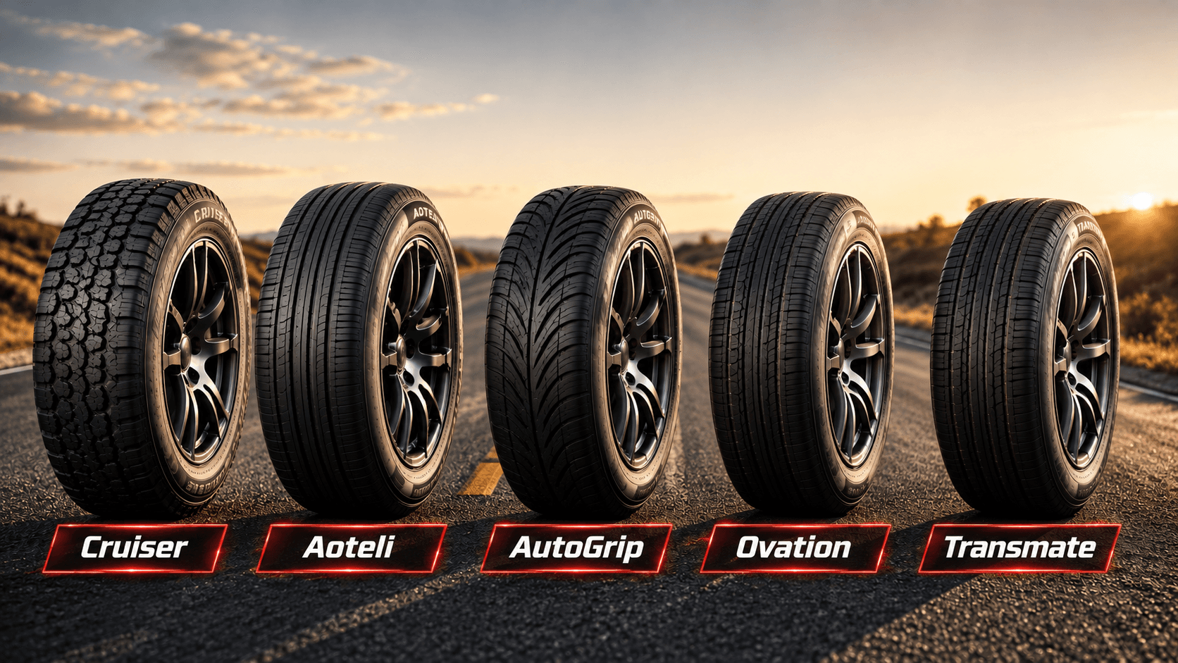 Cruiser, Aoteli, AutoGrip, Ovation and Transmate tyres on the road